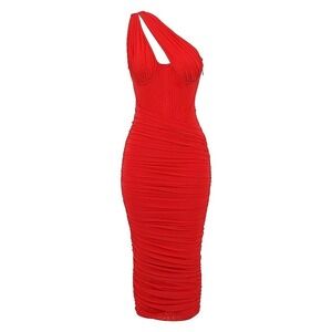 House of CB Valentina Scarlet Asymmetric Cutout Midi Dress Womens M Glam Bodycon